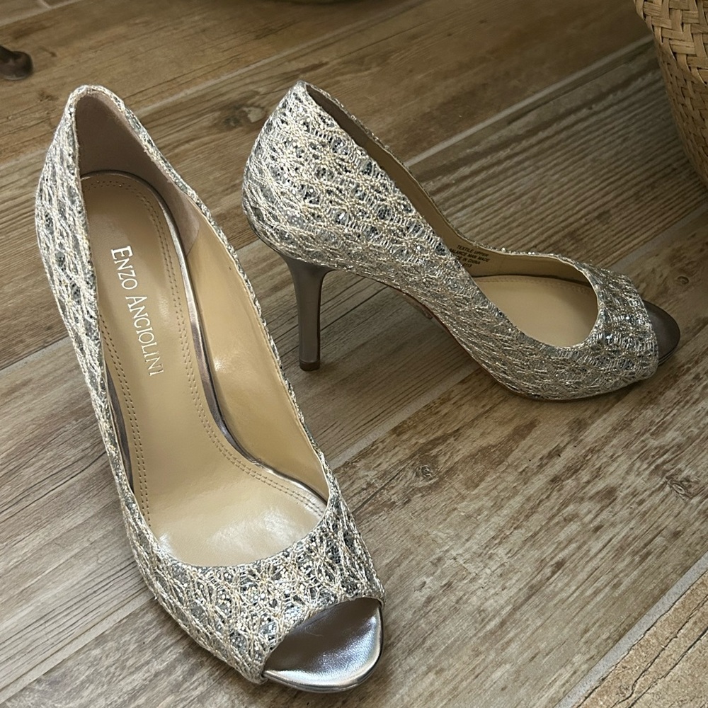 Enzo Angiolini Silver & Sparkly Peep-Toe Heels, Size 6.5